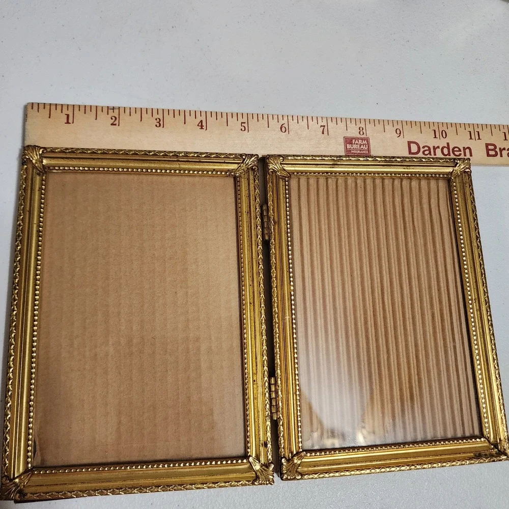 Vintage Gold Tone Metal Double Folding Picture Frame 5x7 Hinged Beaded Trim